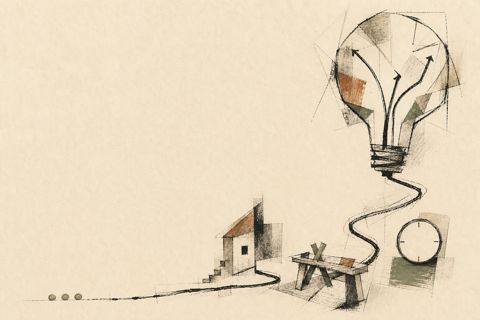 A fractured hand-drawn light bulb branches into smaller bulbs and an impossible loop